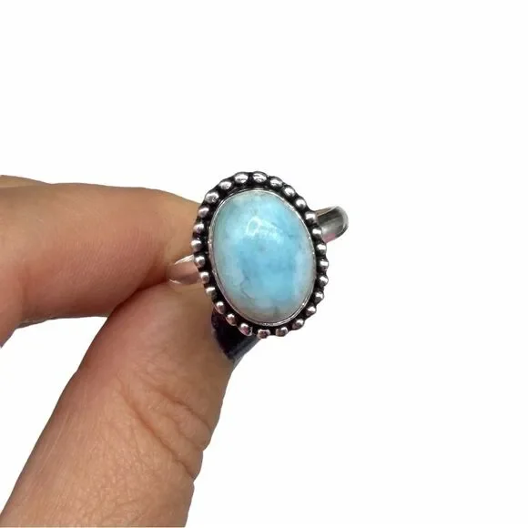 Larimar Ring Size 10 925 Sterling Silver Overlay Natural Stone Blue Oval Boho - Picture 4 of 9